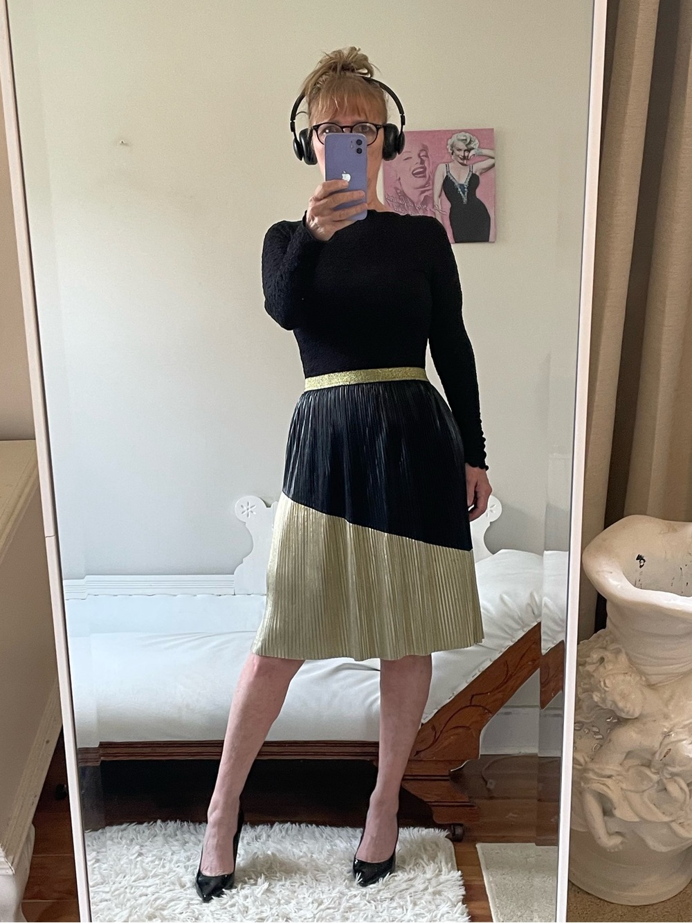 GUESS COLOUR BLOCK PLEATED SKIRT GOLD BLACK METALLIC STRETCH WAIST